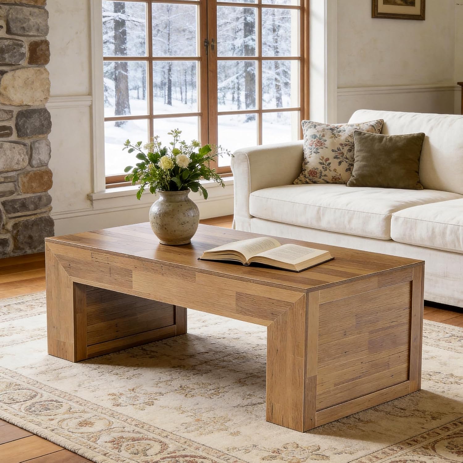 Tribesigns 47-Inch Farmhouse Coffee Table, Wooden Rectangular Center Table with Thick Base, Modern Cocktail Tea Furniture for Living Room (Oak Brown)