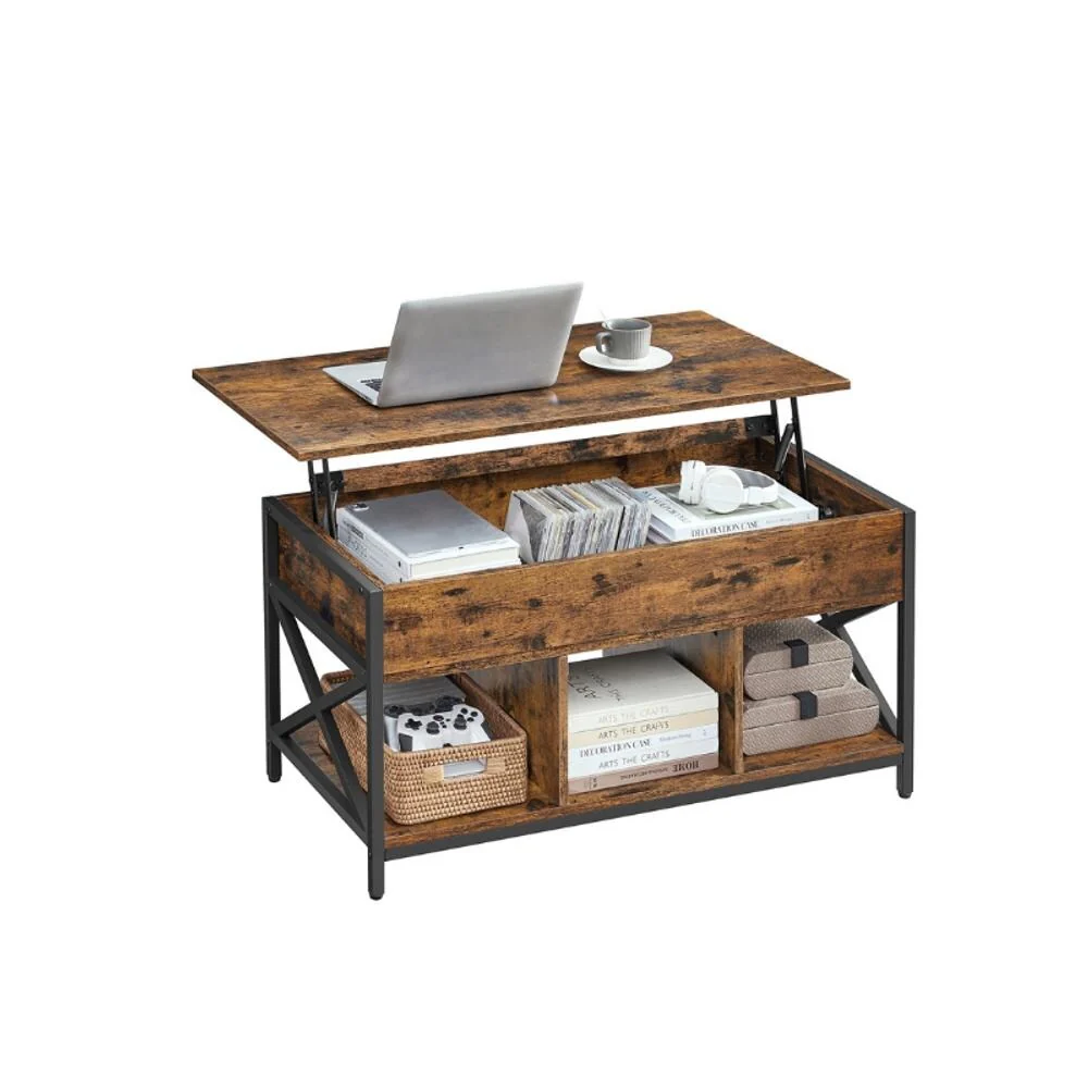 Modern Industrial Coffee Table with Adjustable Lift Top and Hidden Storage Open Compartments