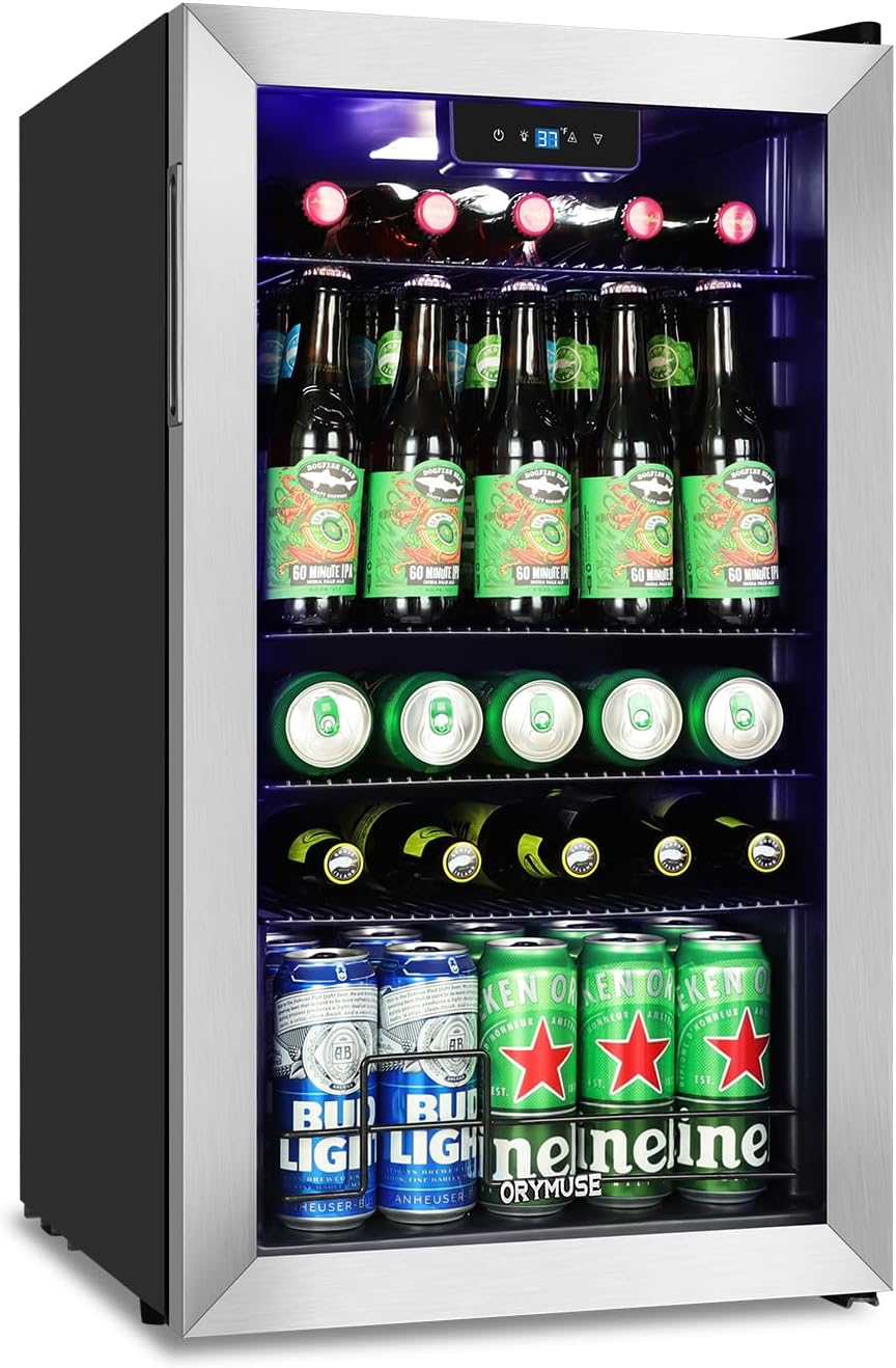 ORYMUSE 3.2 Cu.Ft Beverage Refrigerator, 130 Can Mini Fridge with Glass Door & Digital Temperature Control, Compressor Cooling Freestanding Cooler for Soda, Beer, Wine, Home, Office & Bar - Silver