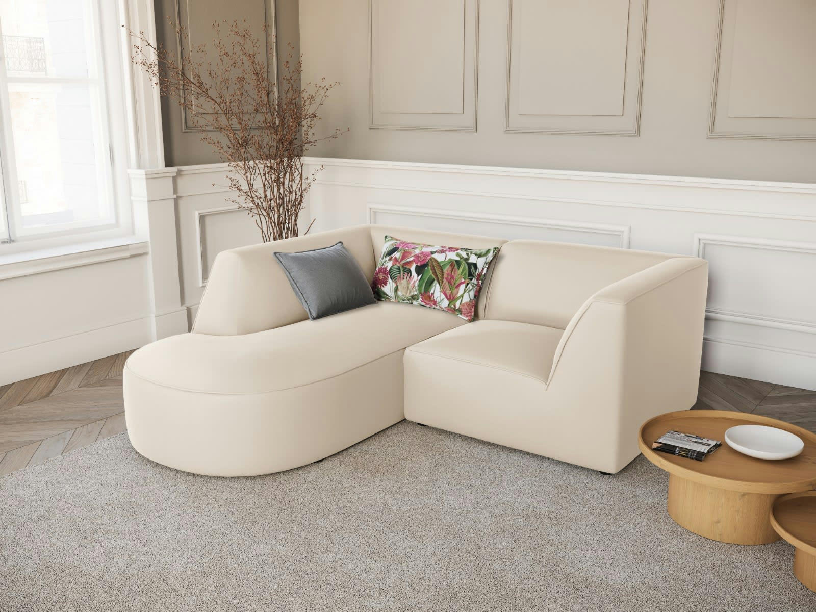 CHARLES - Canapé D'Angle Gauche 3 places en Velours Beige