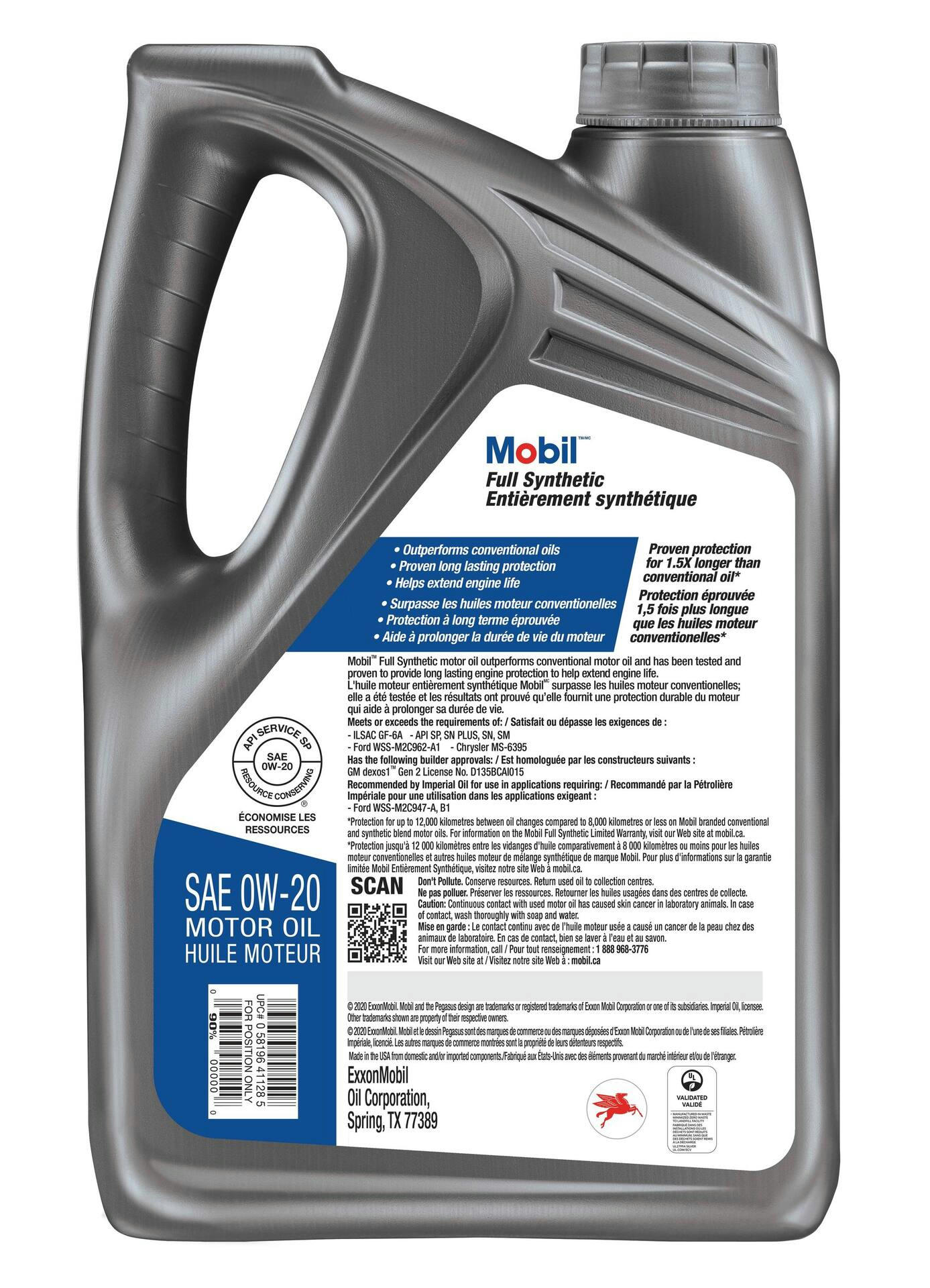 Mobil Full Synthetic 0W20 Engine/Motor Oil, 4.73-L