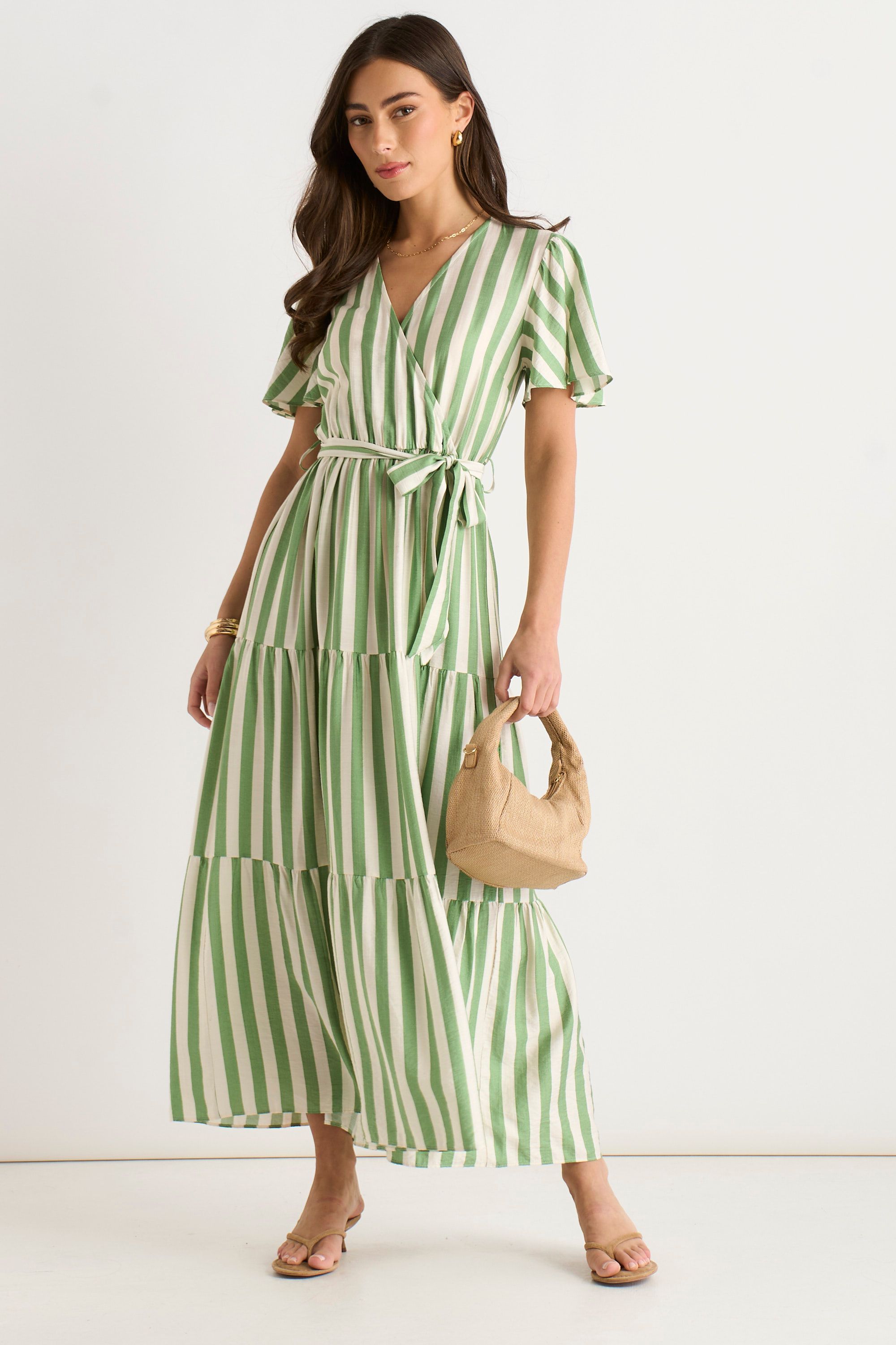 Gini London Sage Green Stripe Wrap Belted Viscose Midi Dress