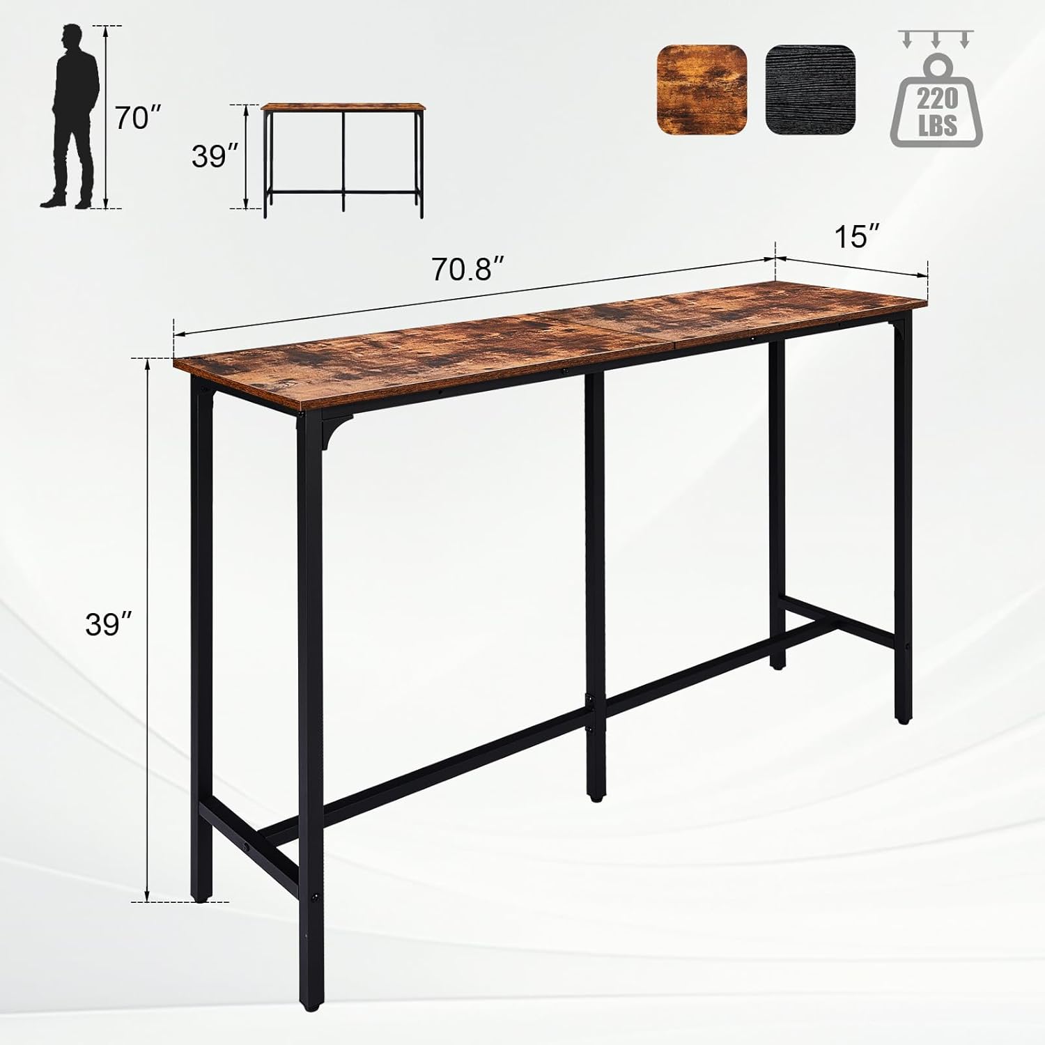 Karl home 71 Bar Table, Narrow Long High Top Dining Table with Upgraded Triangular Support for Stability, Industrial Counter Height Bar Table for Small Space, Behind Sofa, Kitchen, Rustic Brown