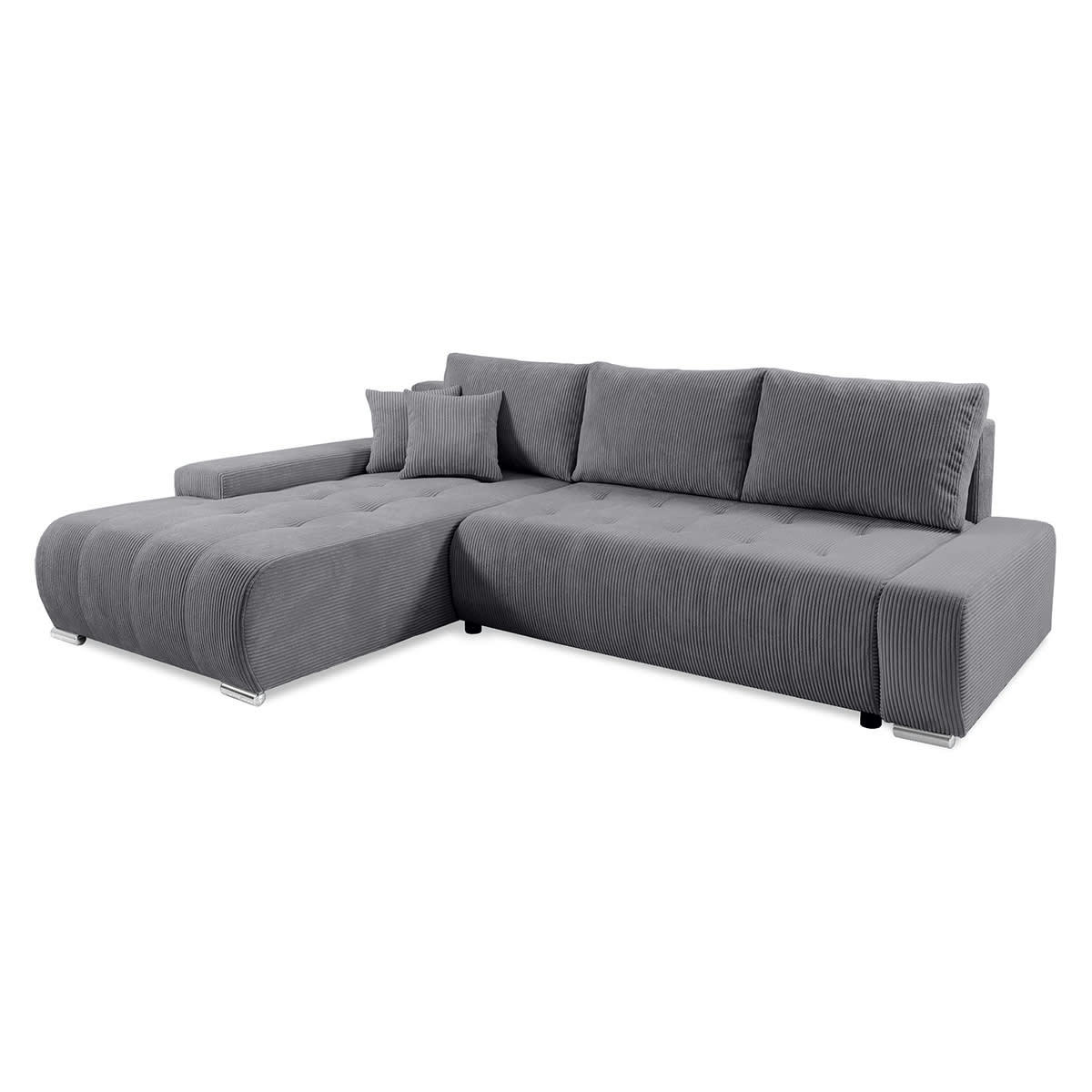 - Canapé d'angle convertible gauche 4 places coffre velours côtelé gris