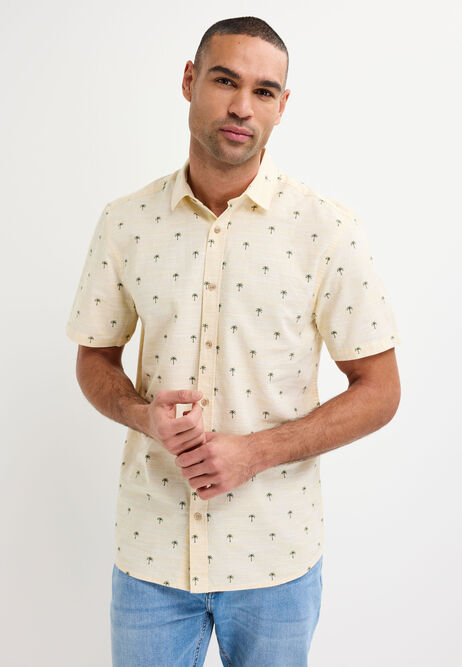 Mens Yellow Palm Tree Print Cotton Shirt
