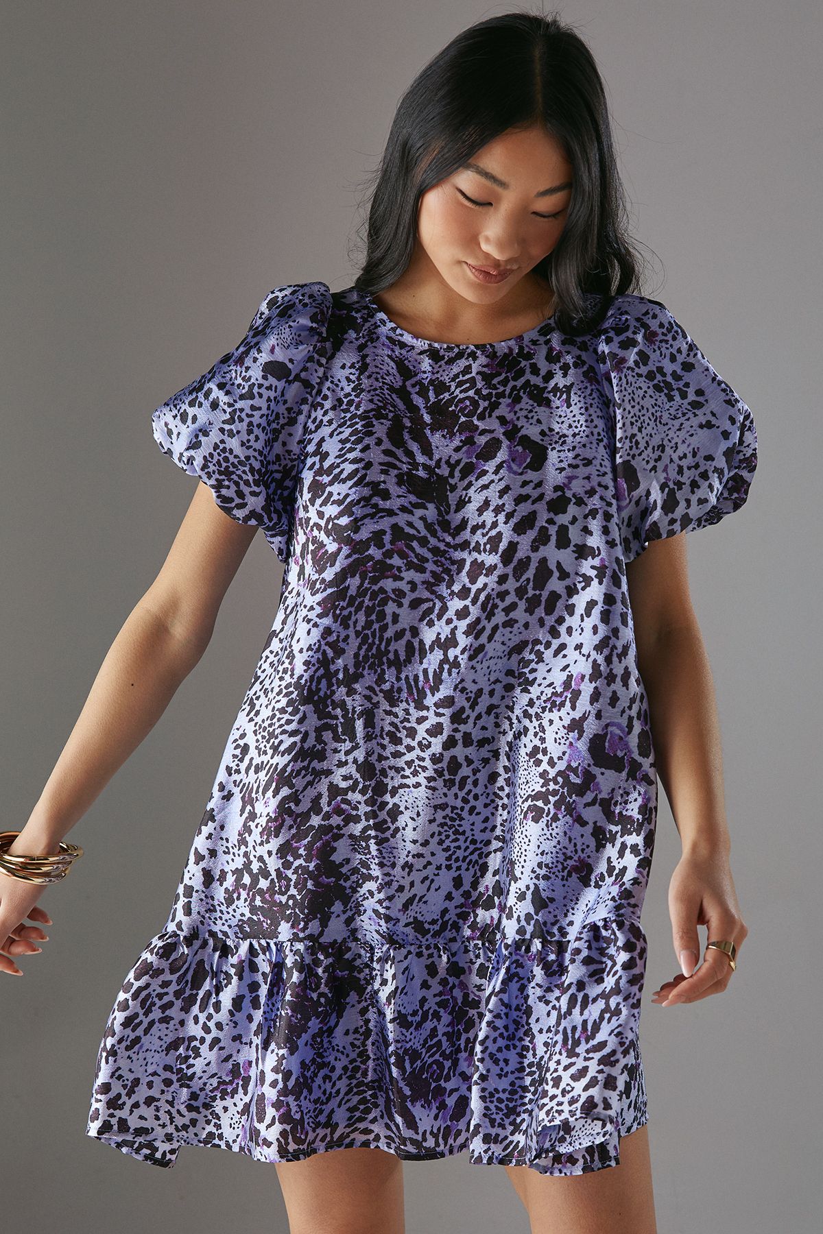 Warehouse Petite Organza Puff Sleeve Swing Mini Dress