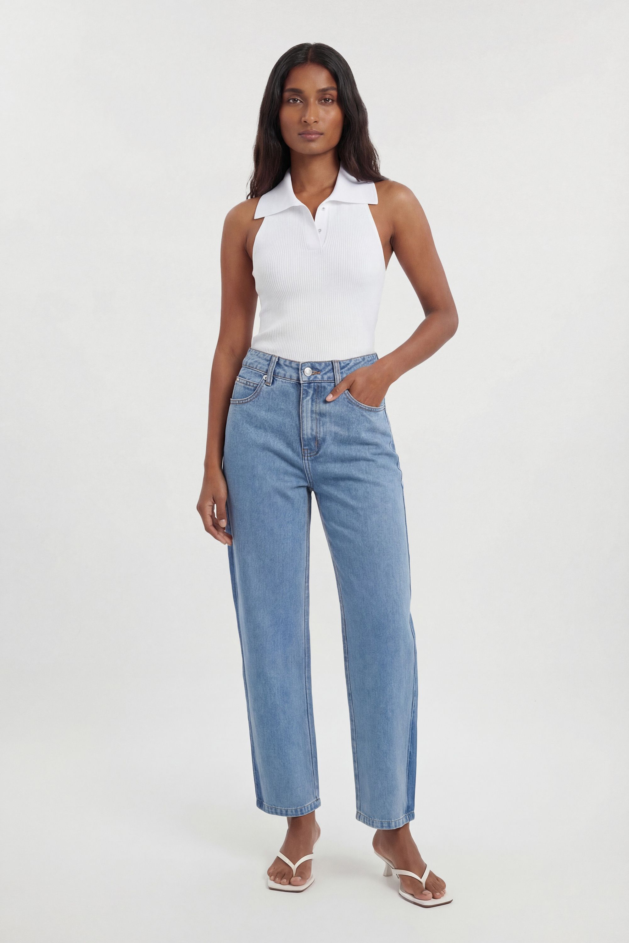KarenMillen Denim Panelled Barrel Leg Jean
