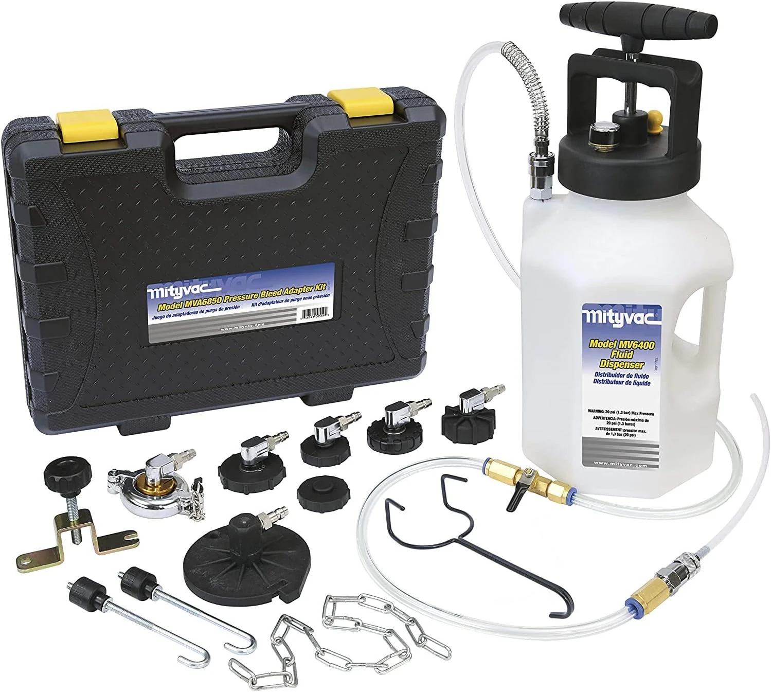 MV6840 Professional Hydraulic Brake and Clutch Pressure Bleeding System, Integrated Safety and Pressure Relief Valve, 7 Master Cylinder Adapters and Storage Case