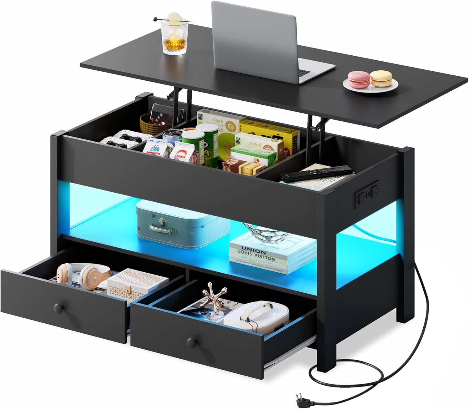 WLIVE Coffee Table, Lift Top Coffee Table with Drawers, LED Light, Large Storage and Open Shelf, Lift Tabletop for Living Room, Deep Black