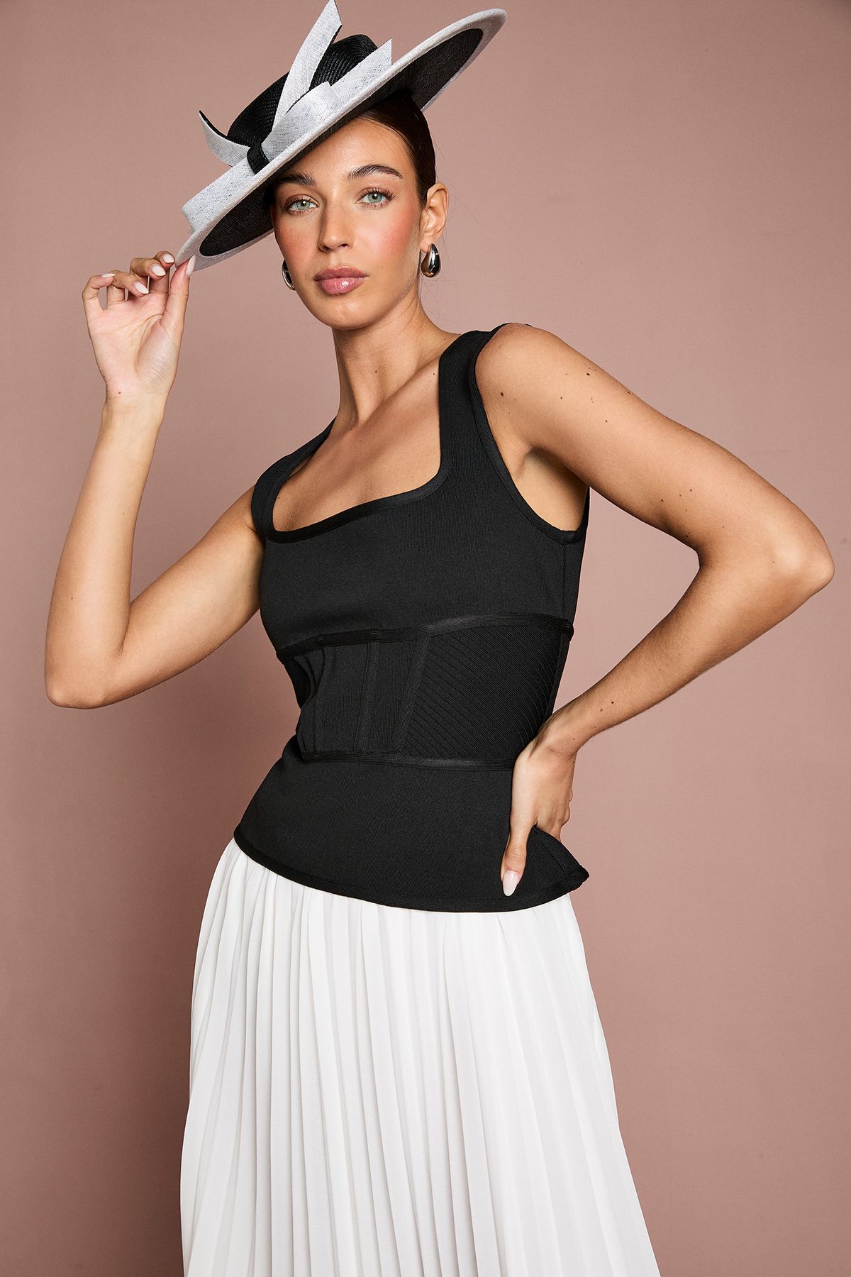 Coast Lisa Tan Mono Bandage Peplum Georgette Pleated Skirt Midi Dress