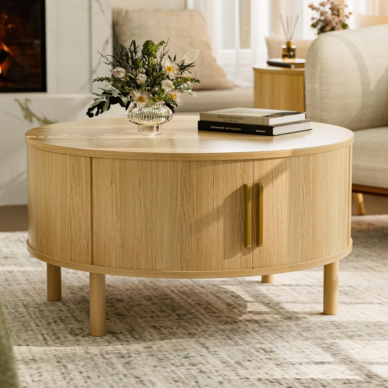 ZttRiee Coffee Table for Living Room, Modern Round Coffee Table with Cabinets & Sliding Doors, Home Small Space, 29.9 Fluted Center Table, Natual
