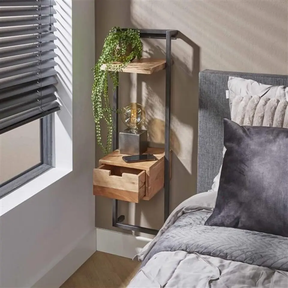 Smal nachtkastje industrieel Naomi acaciahout 1 lade 30x30x100 cm Hout