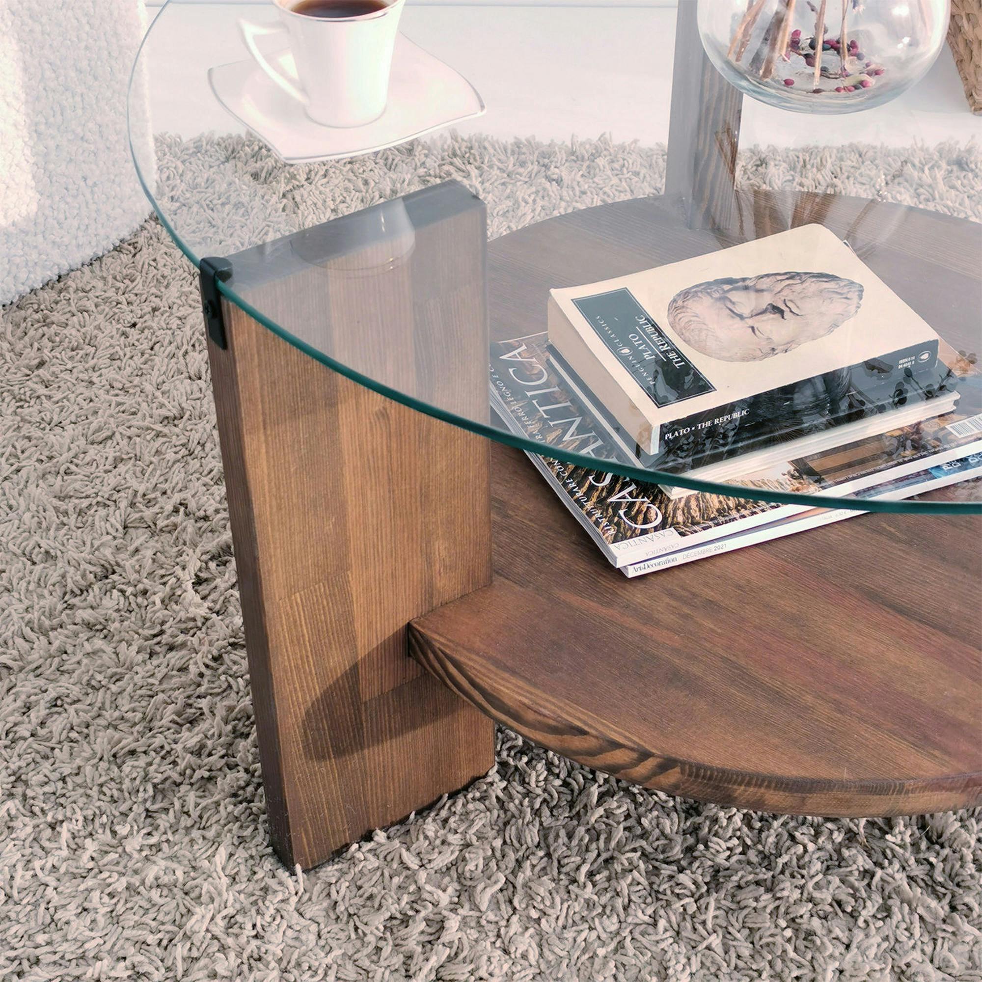 Table basse ronde en verre et bois brun - 2 plateaux ANZIO