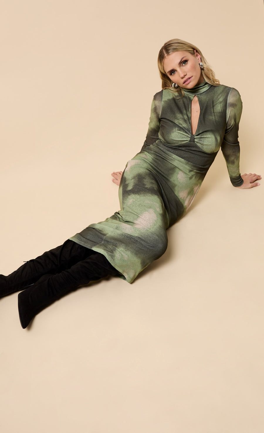 Little Mistress Khaki Print Keyhole Midaxi Dress