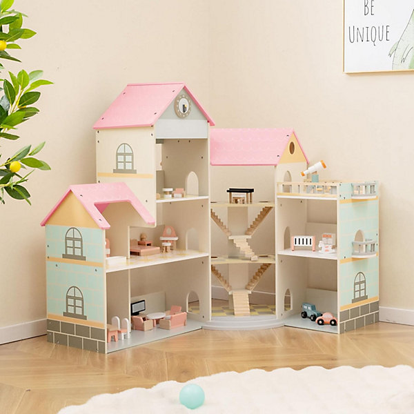 Maison de Poupée Enfant Fille, avec 42 Accessoires, Véritable Balcon, Maison de Poupée de Rêve d'angle en Bois