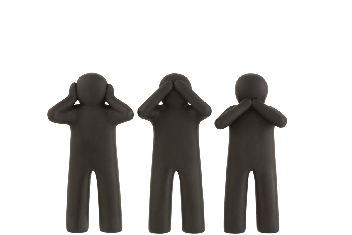 J-Line decoratie P'tit Maurice Horen/Zien/Zwijgen - polyresin - zwart - small - 3 stuks