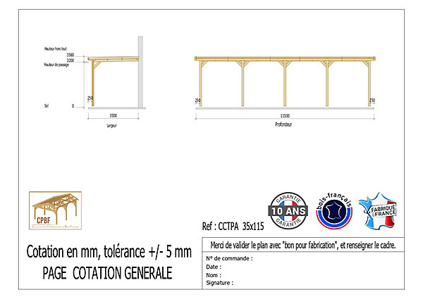 Carport toit plat adossé 350cmx1150cm bois DOUGLAS français (charpente - auvent - abri camping-car). 40 m². Garantie 10 ans.