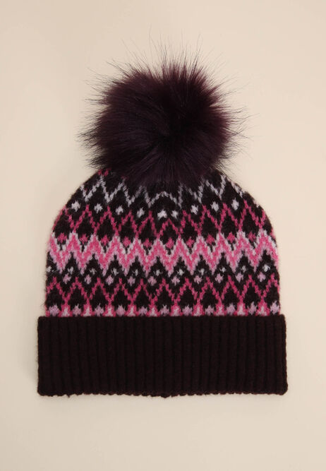 Womens Burgundy Fairisle Bobble Hat