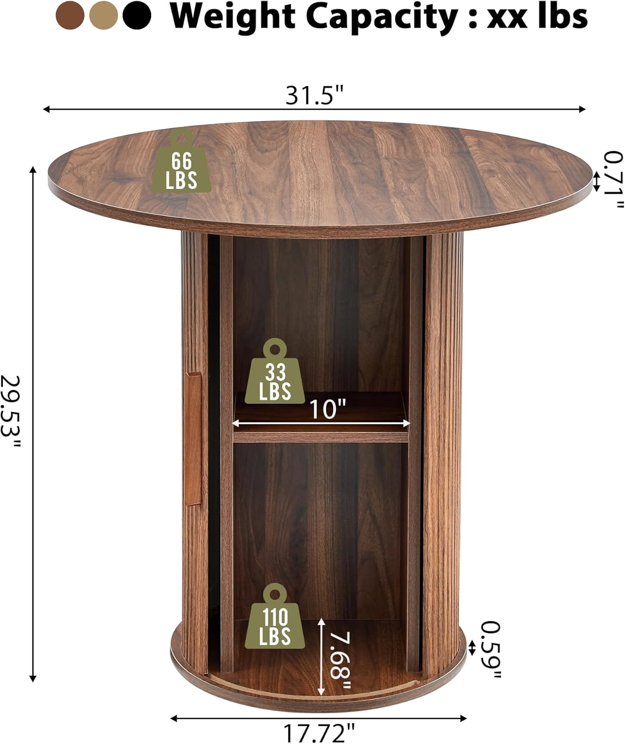 31.5 Round Dining Table for 2-4, Modern Farmhouse Kitchen Table with 2-Tier Storage Shelf, Small Wooden Circle Dining Tables with Fluted Base for Home Dining Room Living Room (Walnut)
