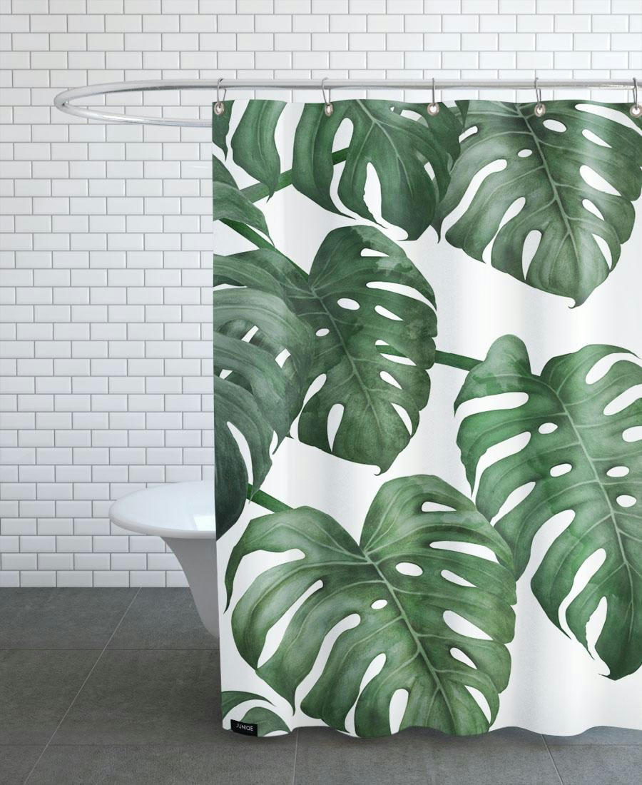 TROPICAL NO. 6 - Rideau de douche en polyester en blanc & vert 150x200