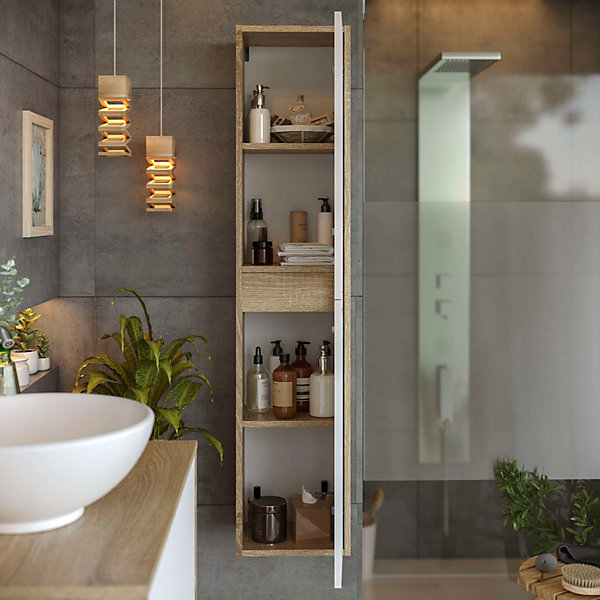 Colonne de salle de bain TIAS 2 portes 140x30x27 cm chêne et blanc T-BATH