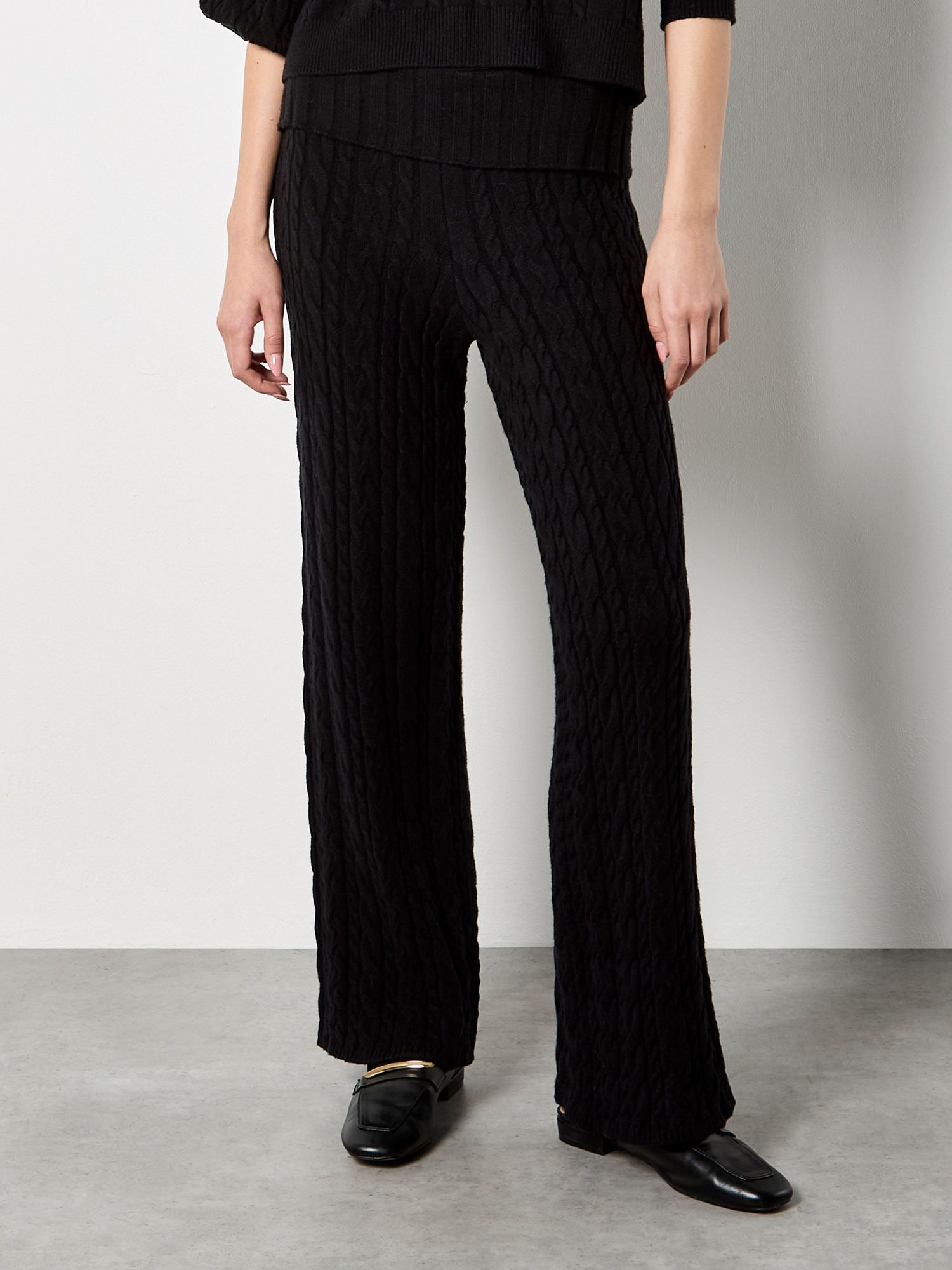 Apricot Twisted Cable Knit Wide Leg Trousers