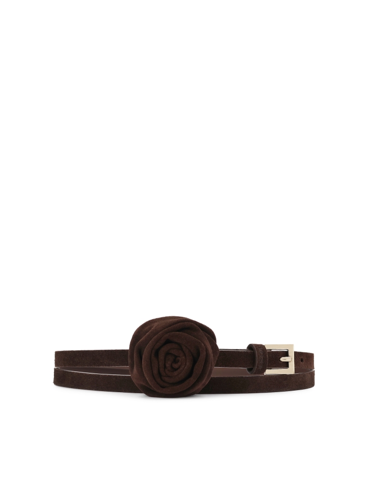 Dark brown suede belt with flower