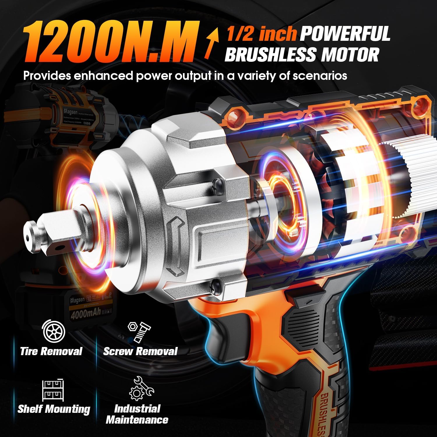 1/2 Cordless Impact Wrench, 900Ft-lbs (1200N.m) Brushless High Torque Impact Gun,3800RPM,3 Variable Speeds,LED Light,2x4000mAh Battery, 5 Sockets,Electric Impact Gun for Car/Mower/Pickup