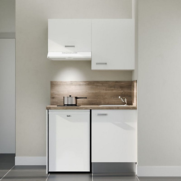 Kitchenette K01 - 120 cm - Façades : Blanc - Plan de travail : Bois - Crédences : Oui - Evier Inox
