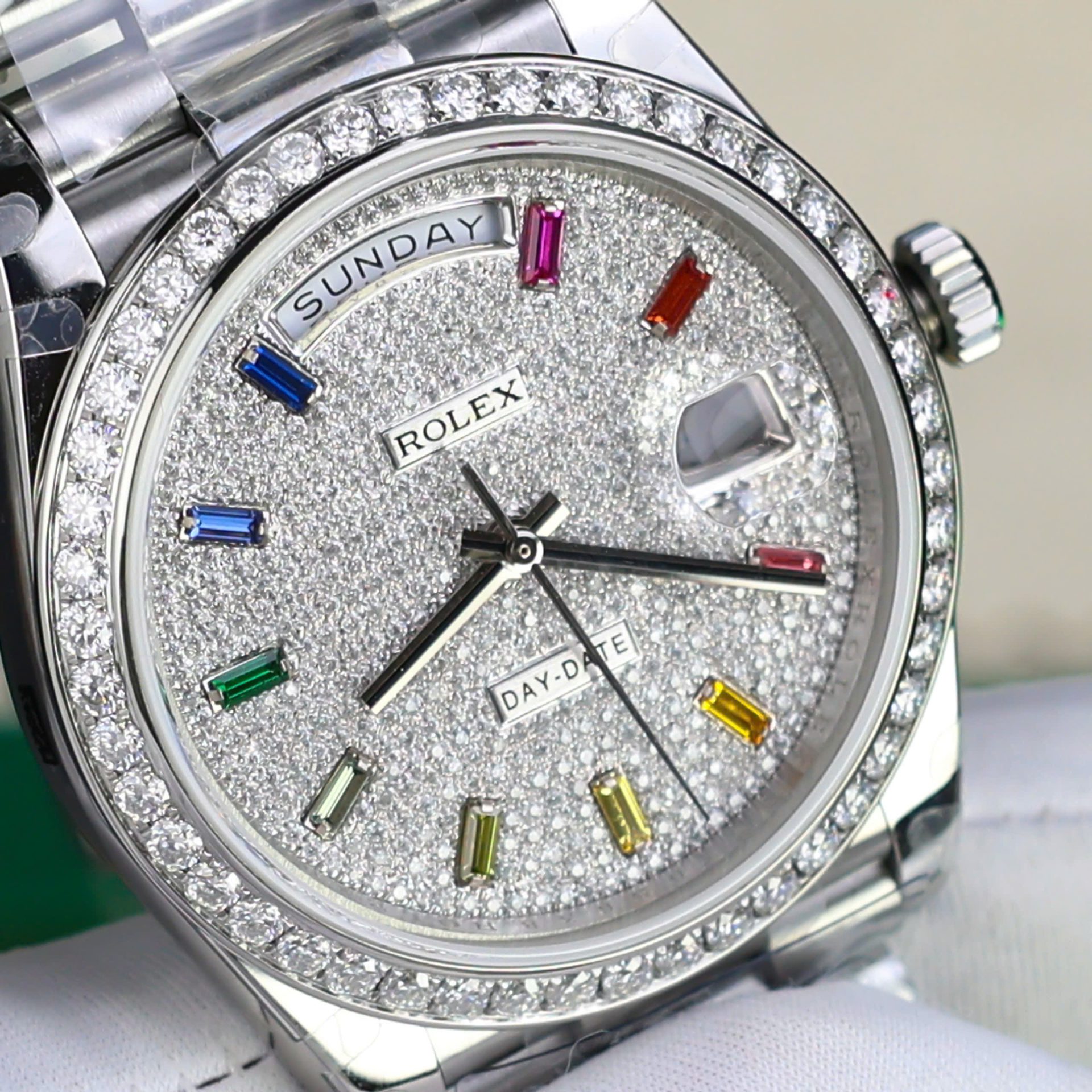 Rolex Day-Date 904L Steel Rainbow Pave Diamond Dial 40mm Super Clone
