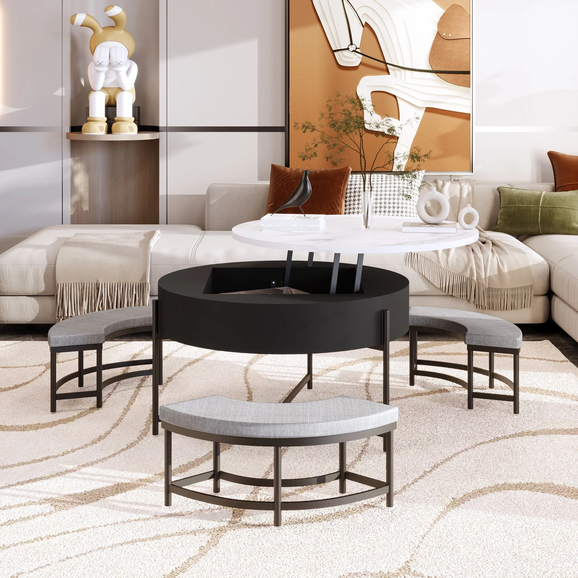 Modern Round Lift-Top Coffee Table with Storage & 3 Ottoman