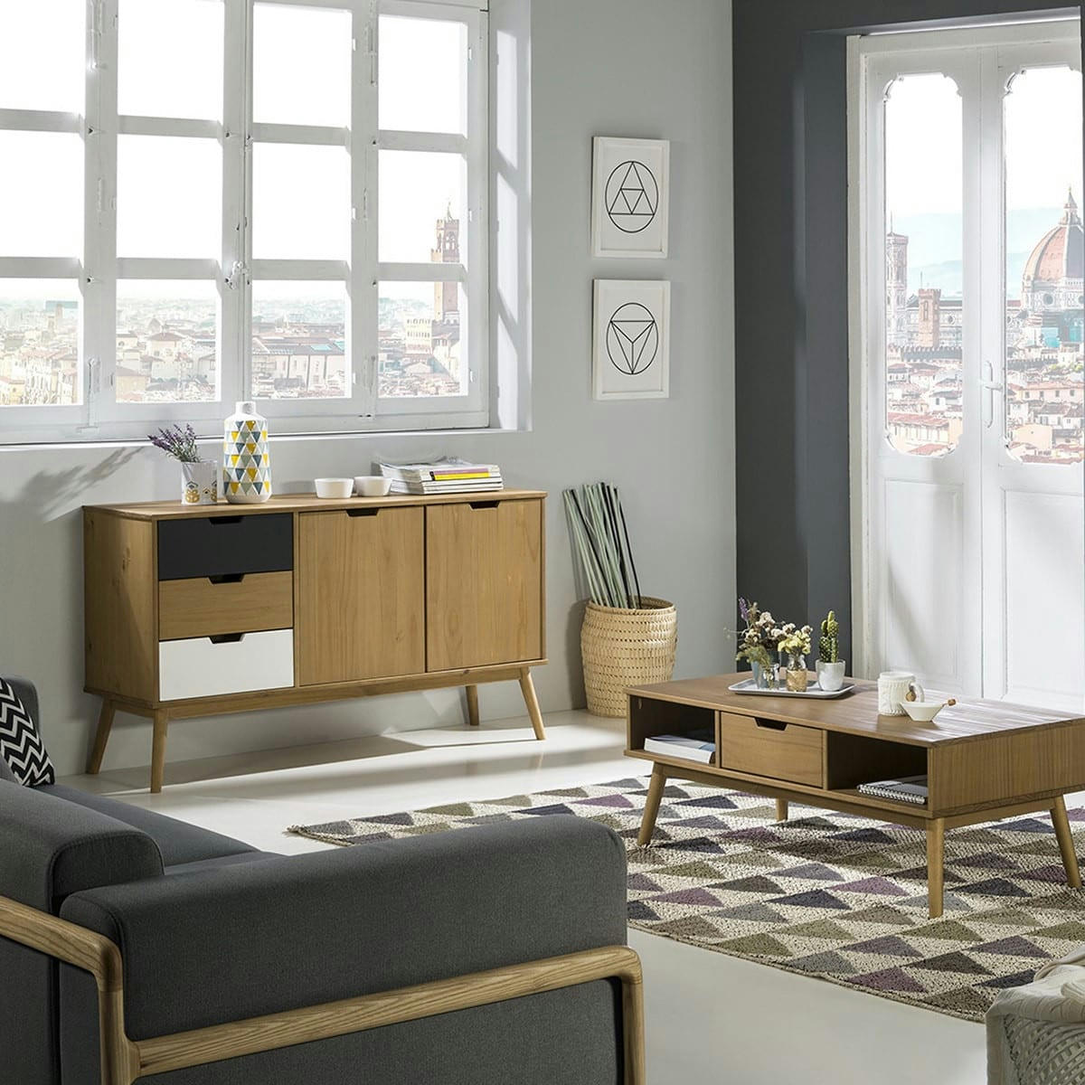 DAVI - Buffet 2 portes 3 tiroirs en pin massif / blanc / gris 140 cm