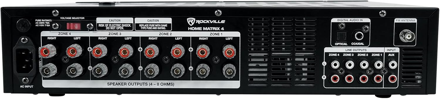 Rockville Home Matrix 4 600W Multi Room Receiver/Amplifier  8-Channel (4 Zones)  Bluetooth  USB  Optical  Coaxial  RCA  Mic Inputs