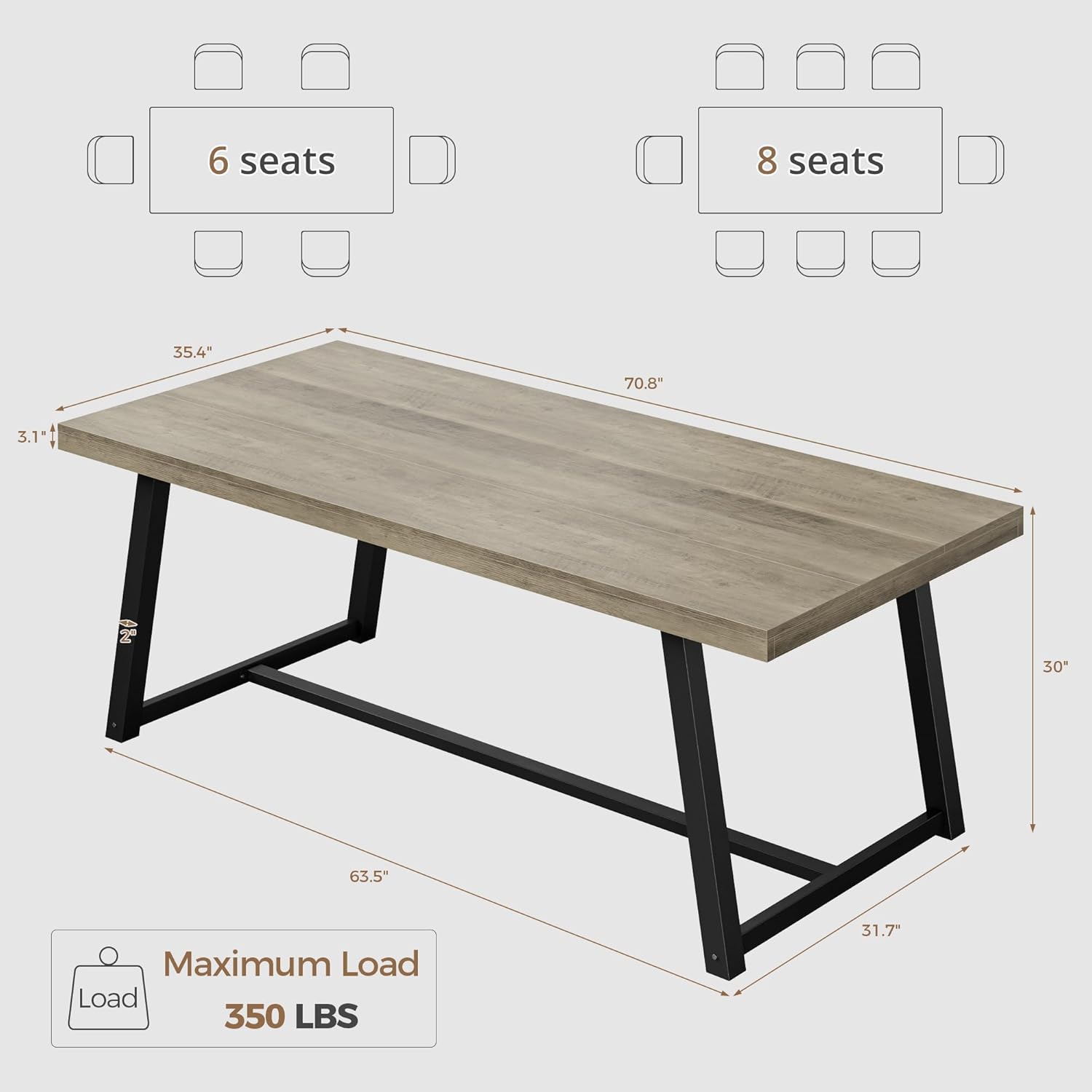 IRONCK 71 Dining Table for 6-8 People, Industrial Kitchen Table with Sturdy Metal Frame, Rectangular Grey Wood Dinner Table for Dining Room