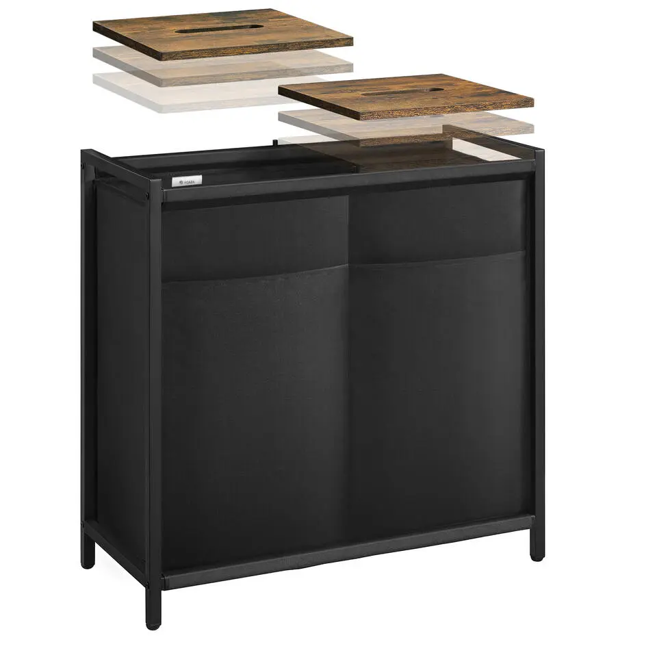 Wasmand met 2 Vakken - Wassorteerder met afneembare Deksels - Bruin & Zwart