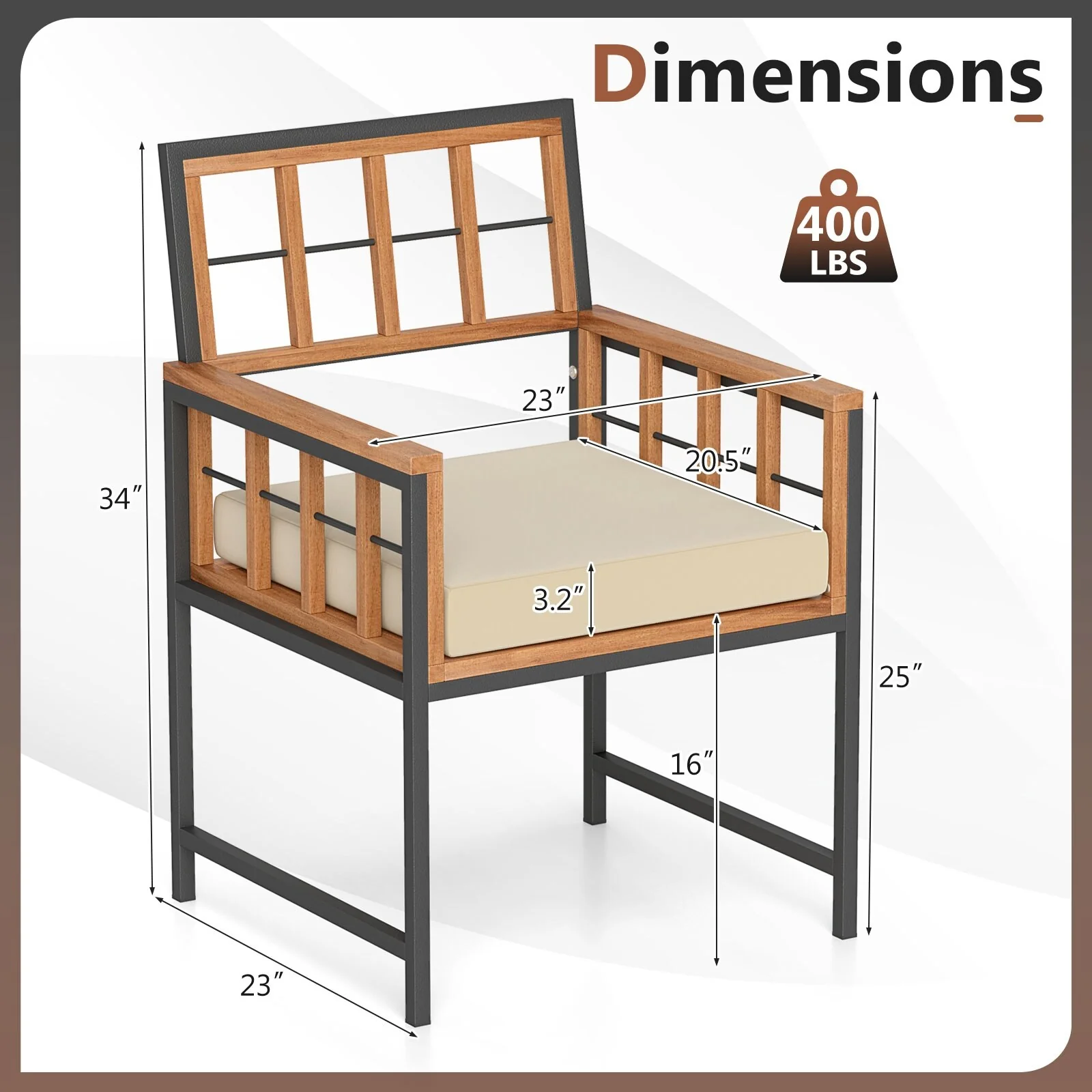 Gymax Acacia Wood Patio Chairs Set of 6 w/Cushions & Metal Frame 400