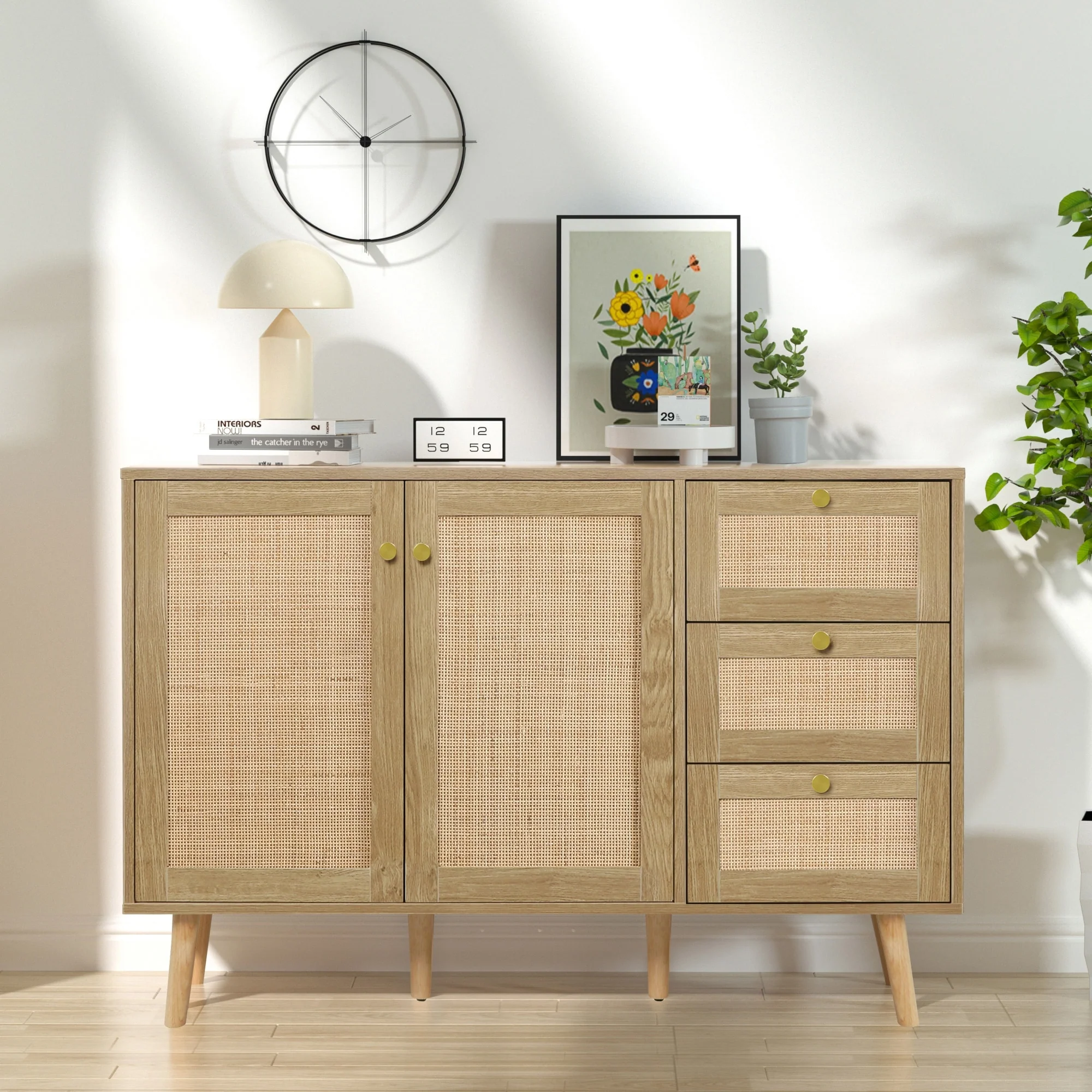 Anmytek Mid-Century Modern 2-Door Wood Rattan Buffet Sideboard Kitchen Storage Cabinet with 3 Drawers