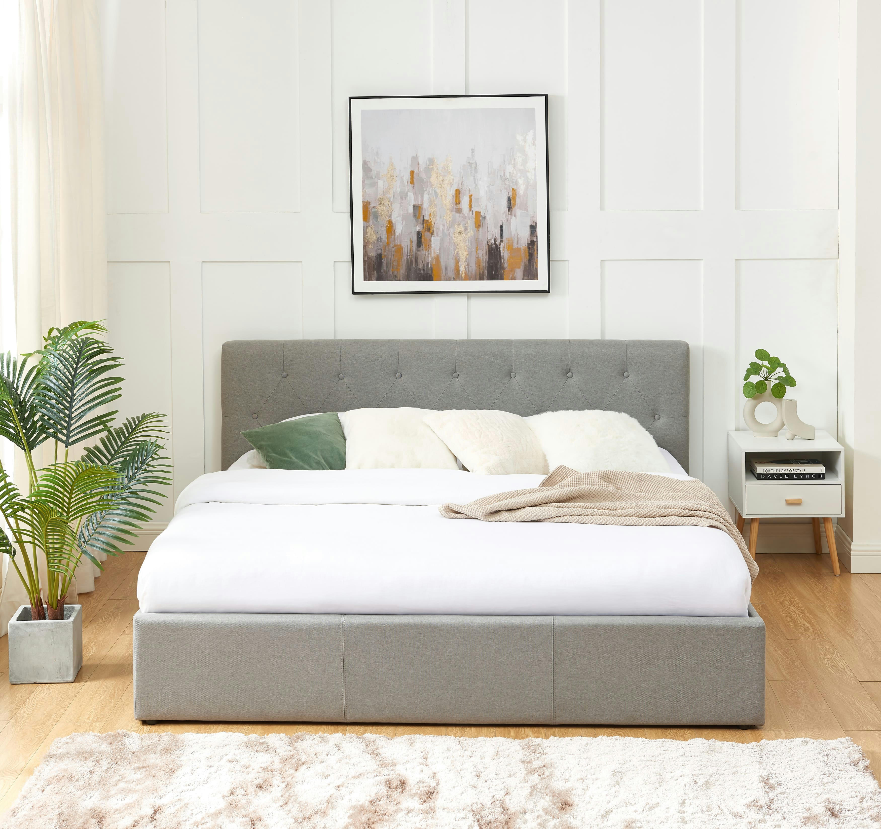 BAHIA - Lit coffre  tissu gris 180x200 sommier inclus