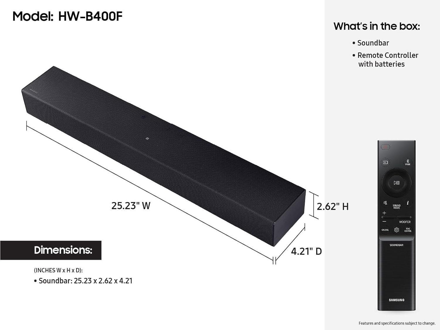 Samsung HW-B400F B-Series 2.1ch Soundbar with Wireless Subwoofer - Deep Bass, Smart Sound & Game Mode - Bluetooth Wireless TV Connection for Home Theater and Gaming
