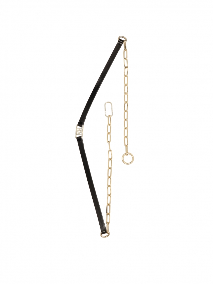 Narrow black belt with gold chain