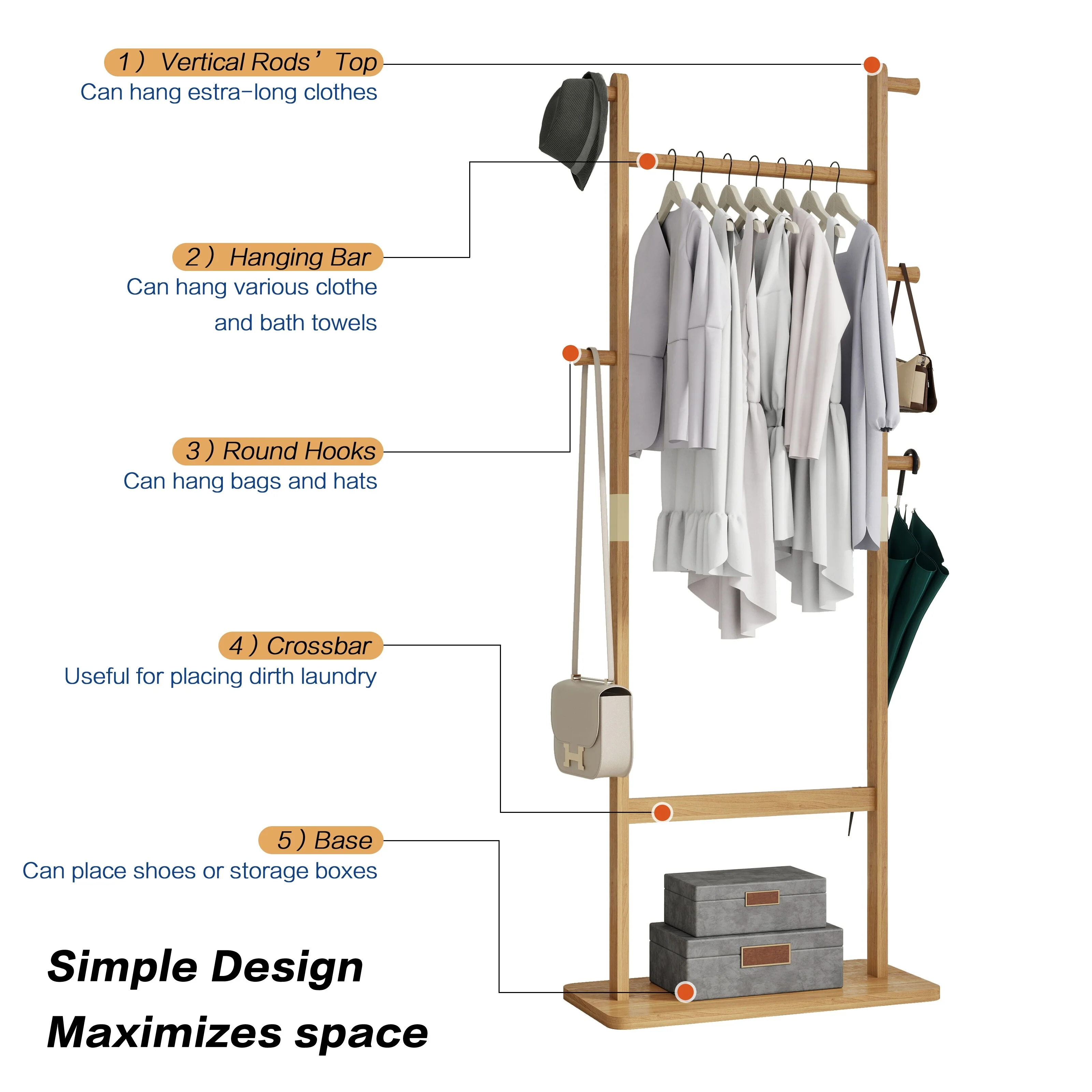 Modern Minimalist Solid Wood Coat Rack with Natural Texture, Easy to Assemble, Durable, Suitable for Entrance and Hallway