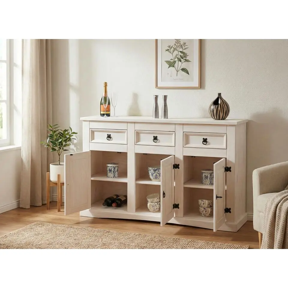 Hioshop Wit dressoir New Mexico 132cm breed met 3 deuren en 3 laden