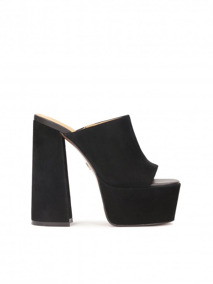 Black suede mules with post and platform