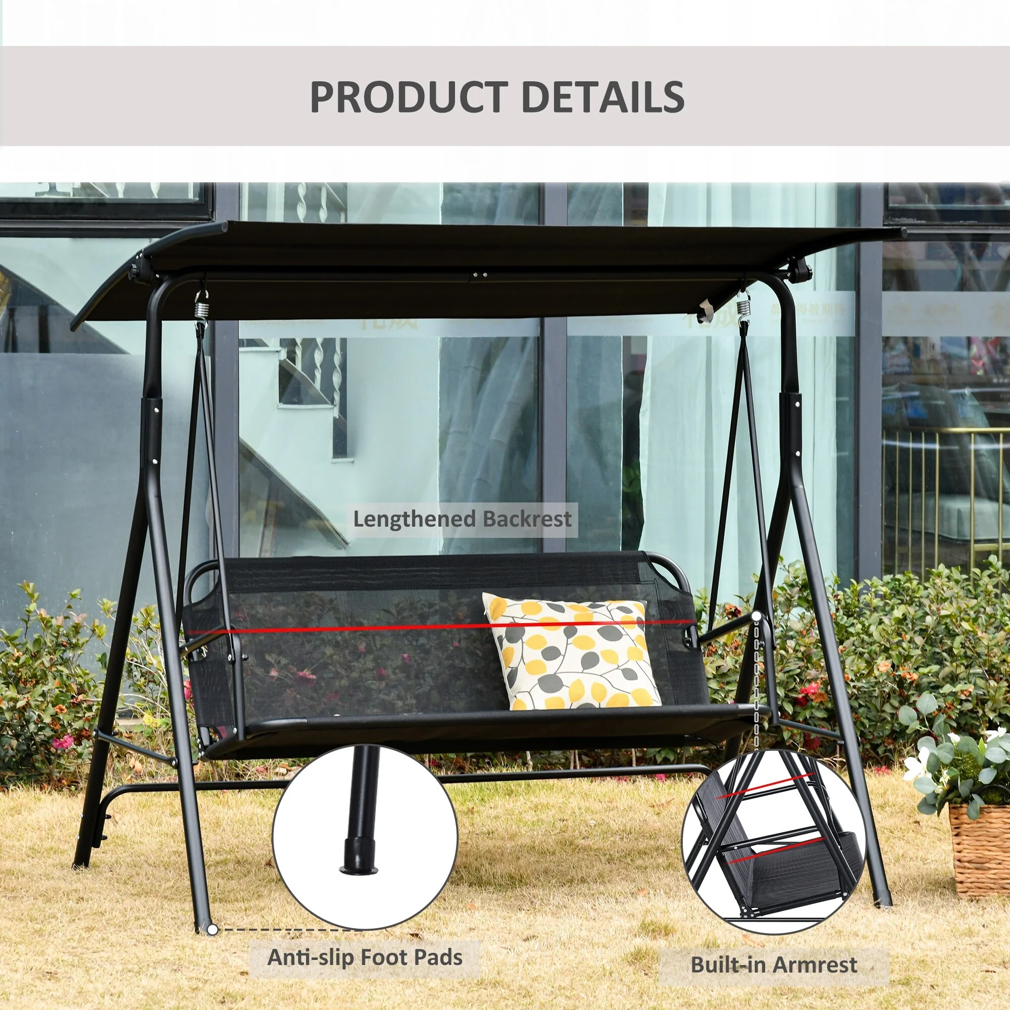 Steel 2-Seat Patio Swing with Canopy and Adjustable Shade and Breathable Mesh (440lb Capacity)