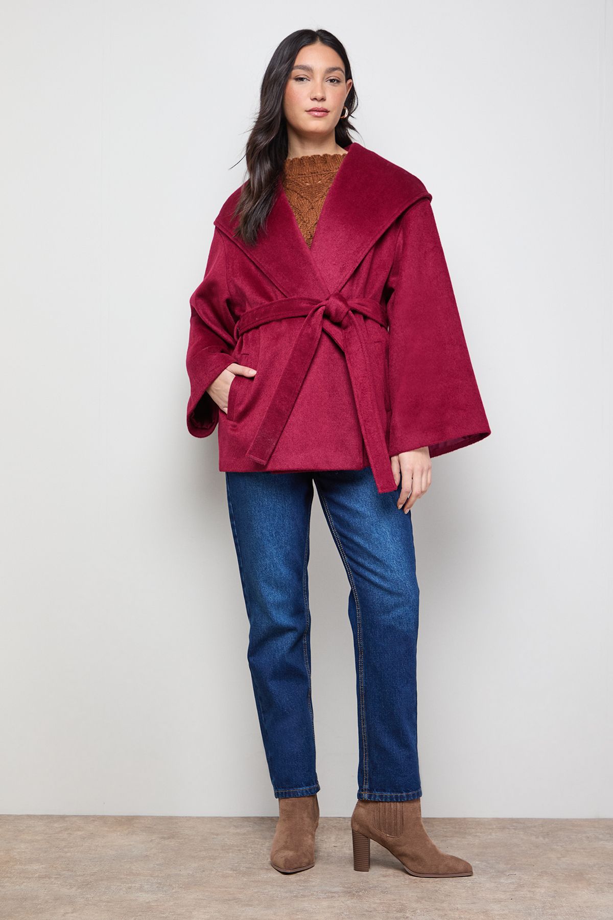Oasis Hooded Cropped Belted Coat