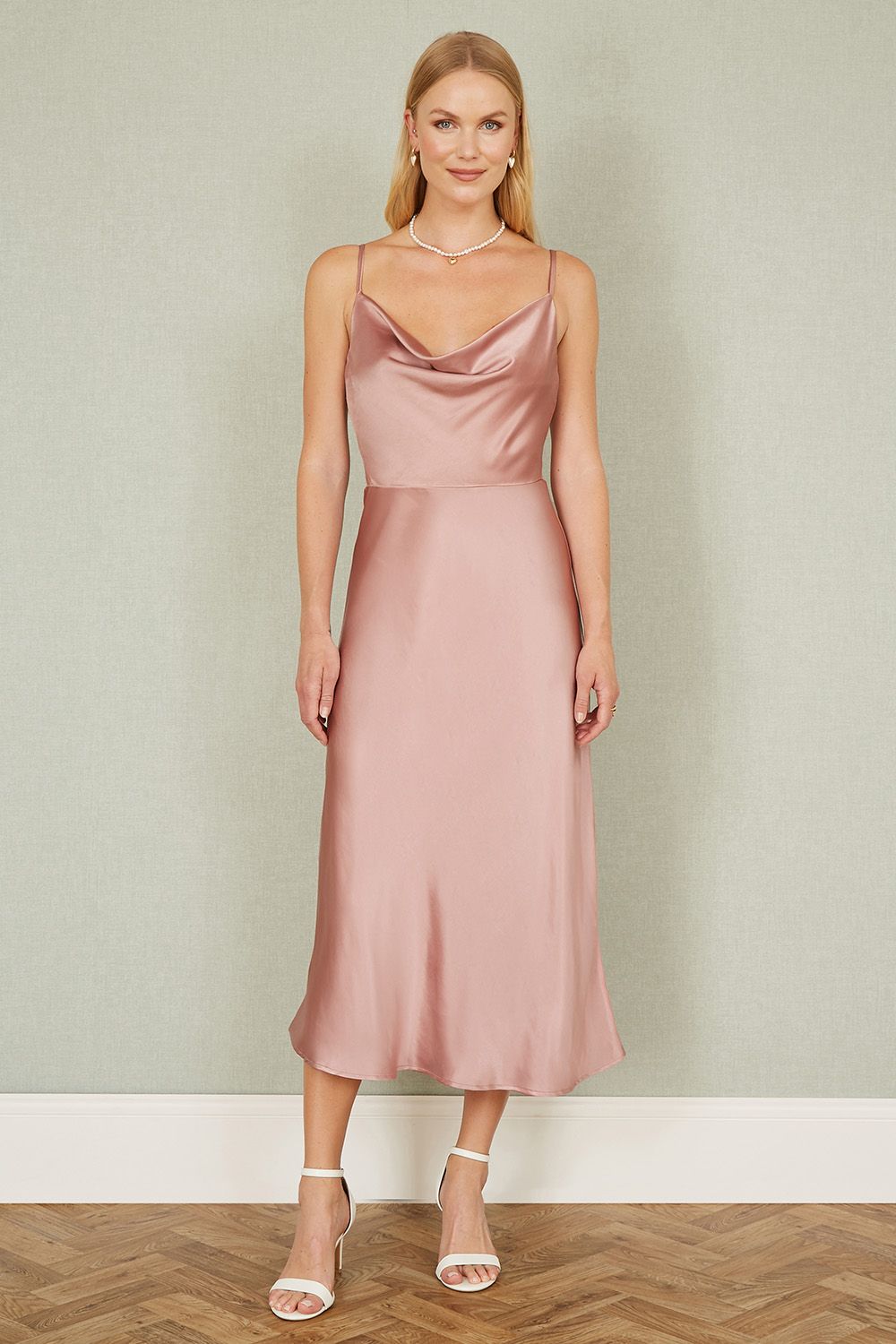 Yumi Rose Pink Satin Cowl Neck Midi Dress