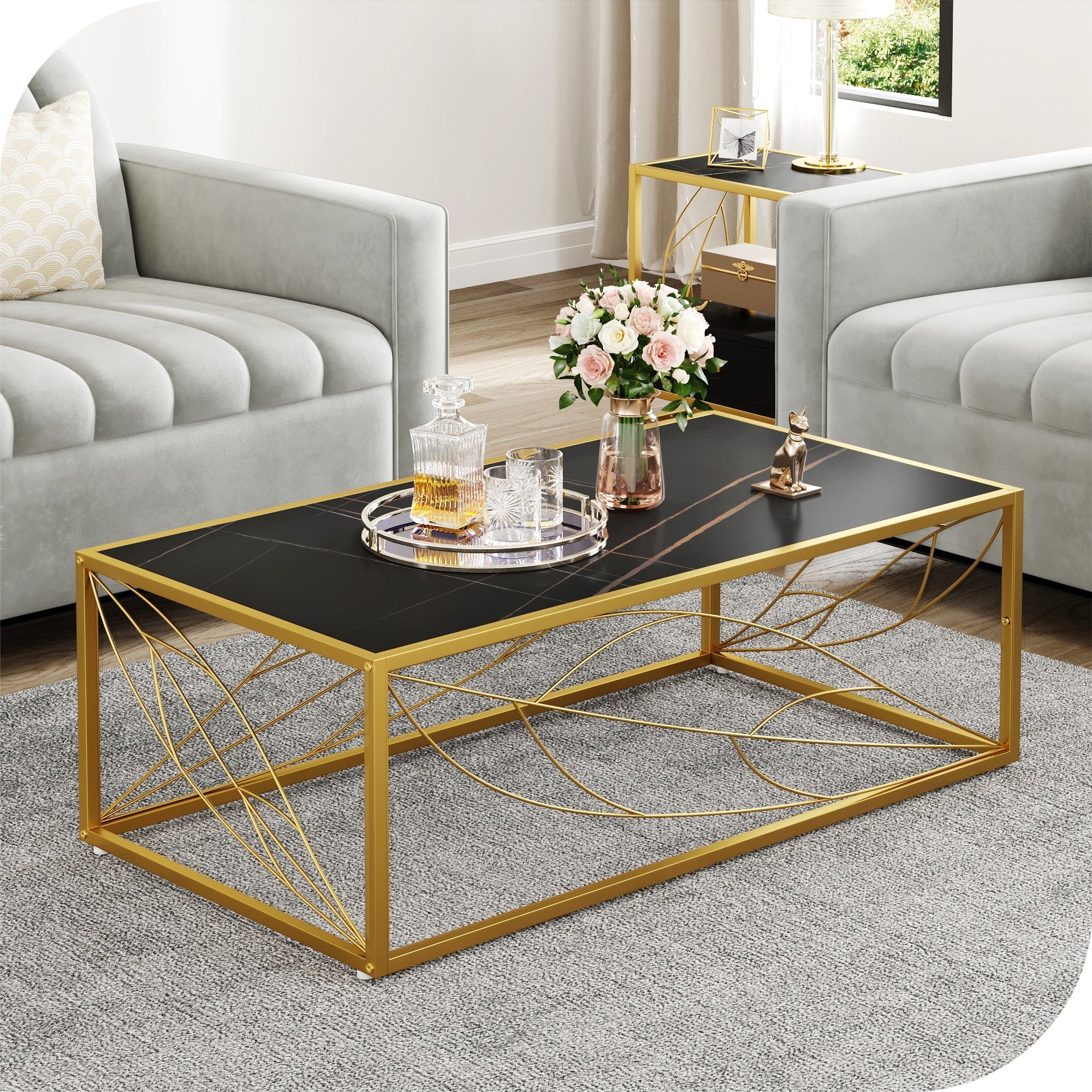 47.2 Gold Modern Rectangle Coffee Table with Black Sintered Stone Table Top