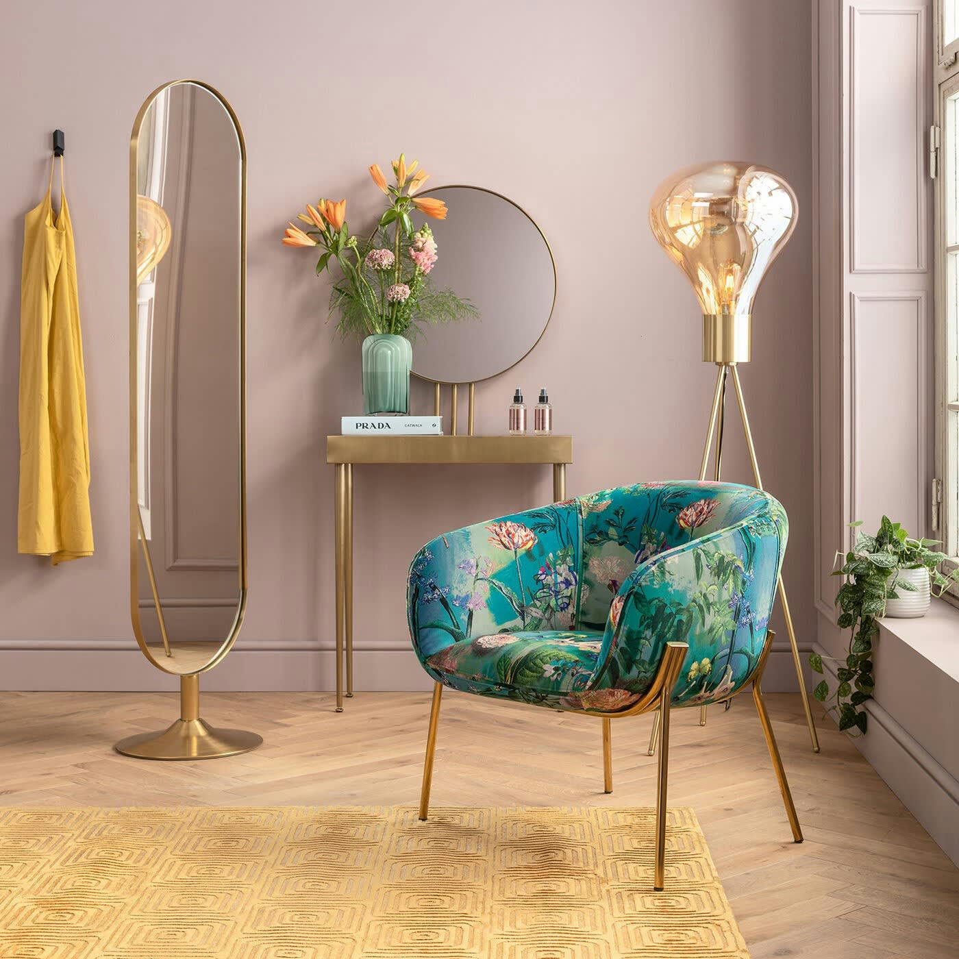 - Console avec miroir en acier doré