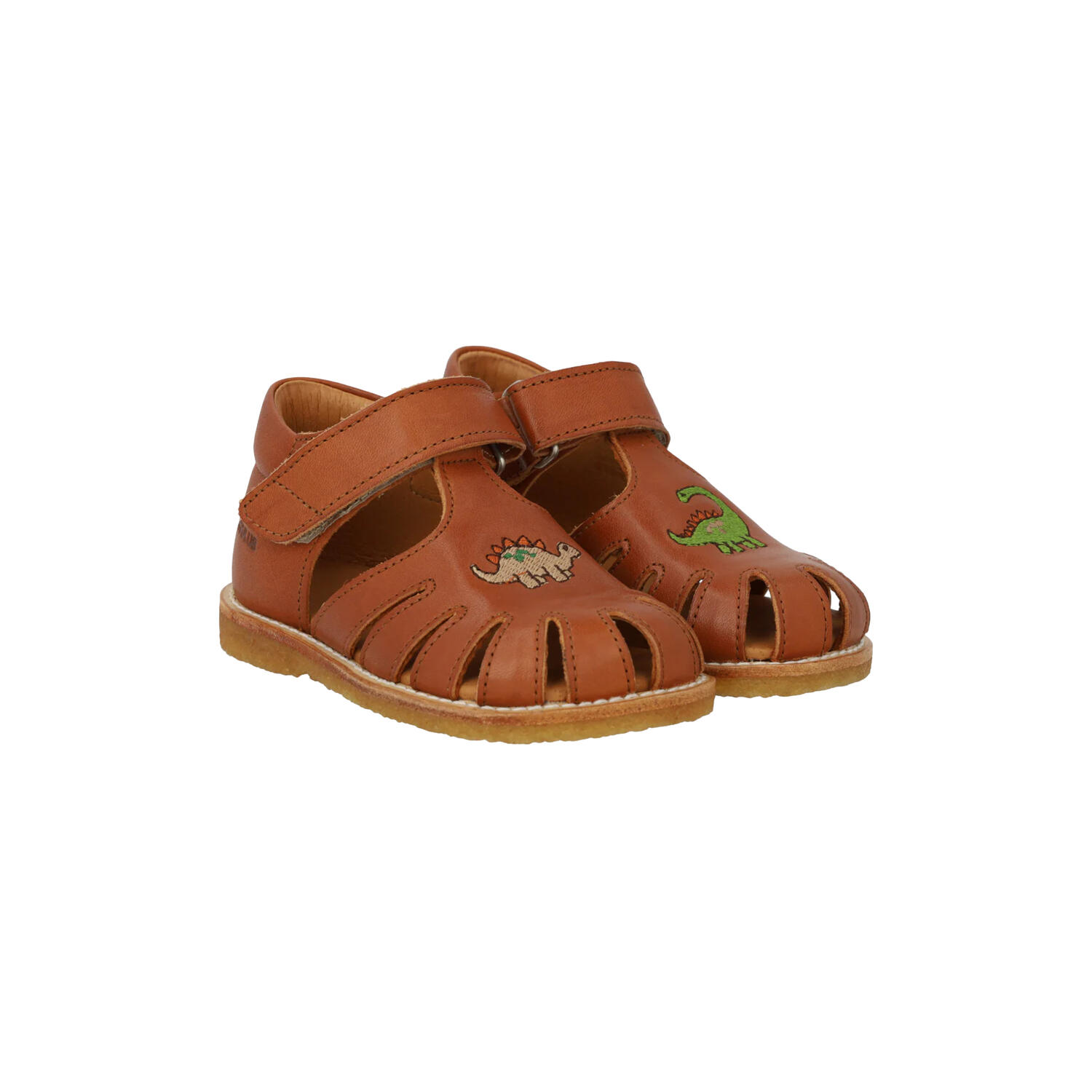 Sandal med dinobroderi og lukket t&aring;, cognac
