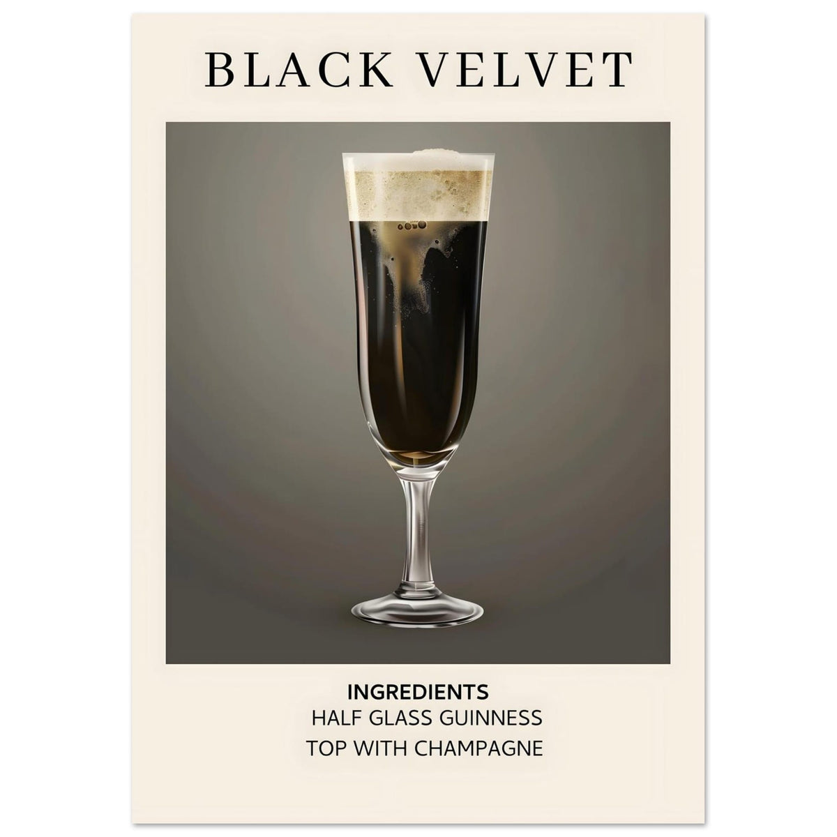 Artfulprints Poster Black Velvet cocktail - Ingrediënten  - A4 21x29.7 cm - Zwart / Wit
